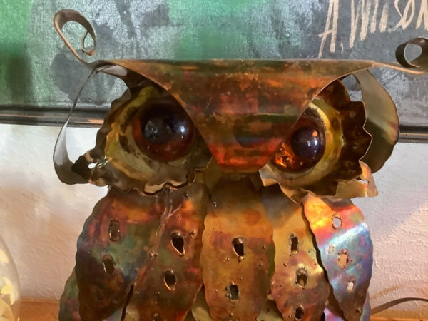 Vtg Brutalist Metal tin Owl Sculpture retro  mid century modern mcm copper brass