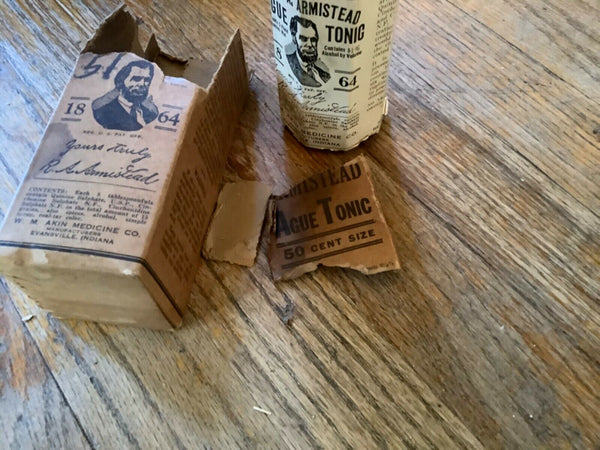 Vtg antique glass DR R.A. ARMISTEAD'S AGUE TONIC  MEDICINE near FULL BOTTLE box