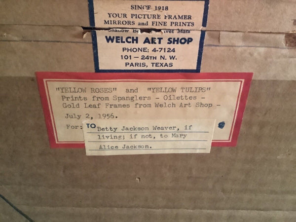 Vtg Yellow Roses  tulips Framed Art print litho Spanglers gold leaf frame 1956