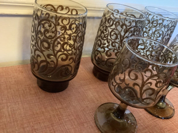 5 Vtg Libbey Wine bar Glasses Prado Brown Raised Swirl Tawny Smoked Glass Libby