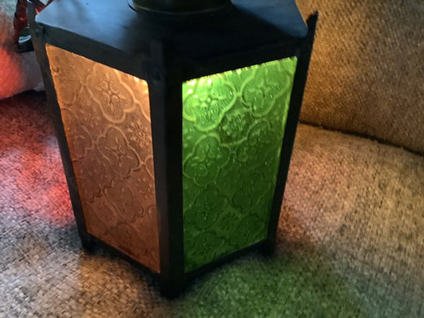 Vtg metal Brass Mcm Light Fixture lamp swag stained glass lantern patio