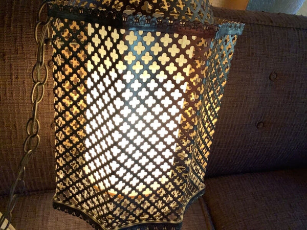 VTG mid century MOROCCAN FILIGREE BRASS gold  hanging swag LAMP metal