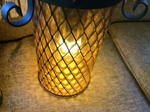 Vtg Mid Century modern gothic  Retro Hanging Swag Light Lamp amber Glass