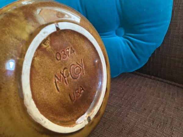 Vtg McCoy Pottery #0374 Brown Bamboo Planter flower  pot  with Attached Saucer