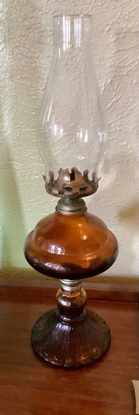 Vintage AMBER GLASS brass  OIL LAMP.chimney made in Hong Kong