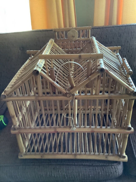 Vtg Chinese Bamboo boho planter plant holder Wood Birdcage bird cage wedding