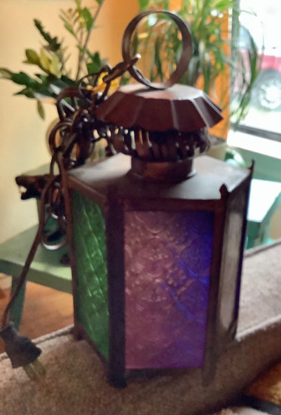 Vtg metal Brass Retro Light Fixture lamp swag stained glass lantern patio mcm 2