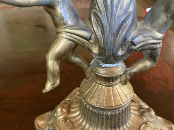 Antique Vintage cast Electric Cherubs Table boudoir Lamp Slag Glass brass Shade