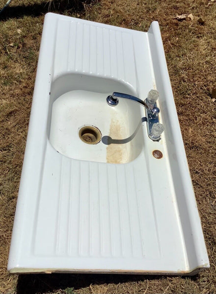 Vtg Steel White Porcelain Enamel Single Basin double Drainboard Farmhouse Sink