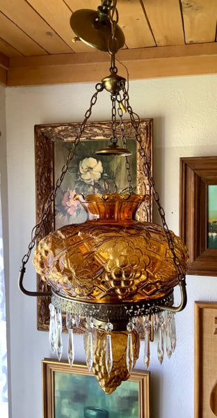 Vtg light fixture antique brass Amber grape glass shade GWTW hurricane Globe