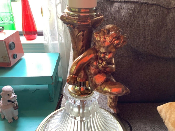 Vtg Hollywood Regency Metal brass gold & Glass Cherub Table Lamp