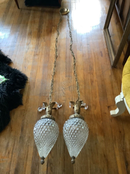 Vtg Mid Century Double Swag Lamps Hanging cut glass Crystal Light fixture prisms