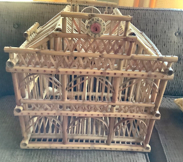 Vtg Chinese Bamboo boho planter plant holder Wood Birdcage bird cage wedding