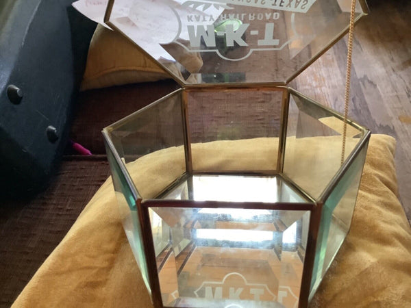 Vtg Brass Glass Jewelry Trinket Curio Display Case Box hexagon MKT railroad