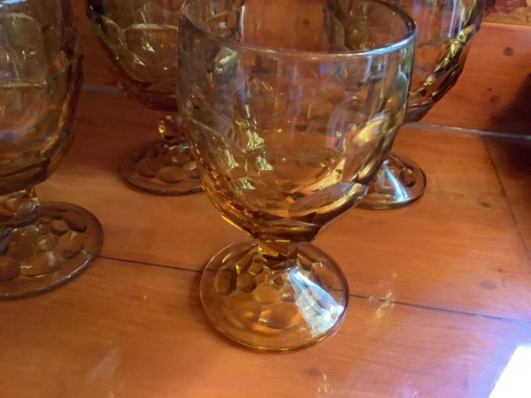 Vtg Amber glass Thumbprint Stemmed Footed Water wine Goblets Set Of 4