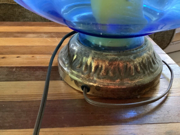Vtg Pair 2 Mid Century Modern Blue Glass Table Lamp  Retro Hollywood Regency mcm