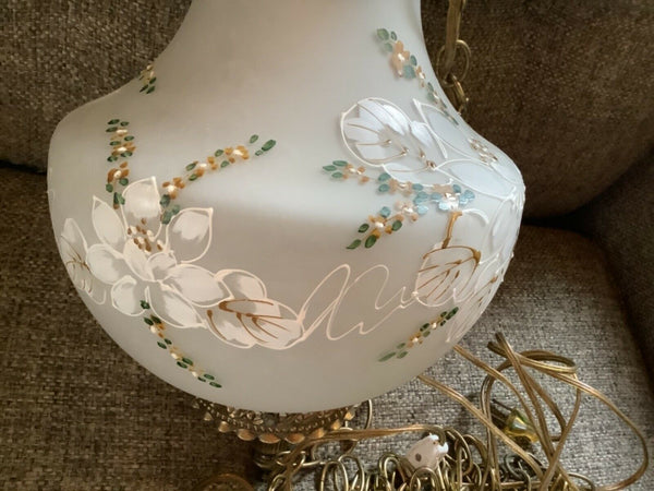 White Satin Glass Hand Painted Flowers Hanging Swag Lamp Light Vtg mid century