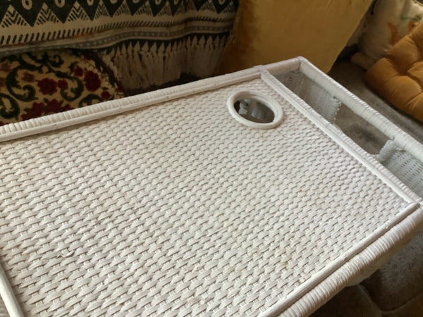 Vtg Shabby Cottage White Wicker Bed Lap Breakfast Serving Tray magazine rack