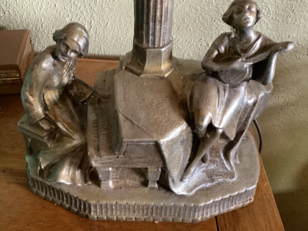 Art Deco cast metal Table Lamp Man Woman  Sculpture glass star globe Vtg antique