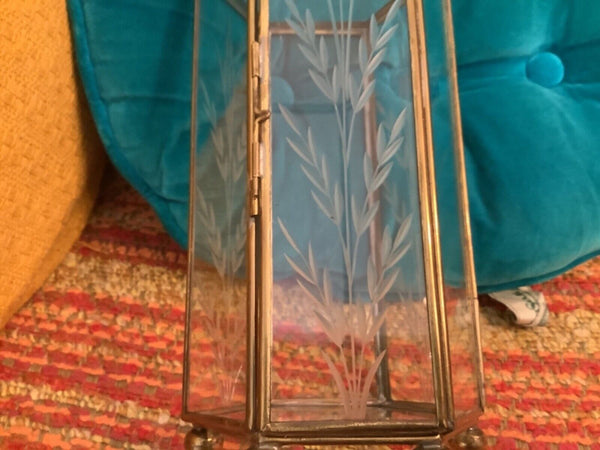 VTG Brass Glass Trinket Display Hexagon Hinged etched display box chest