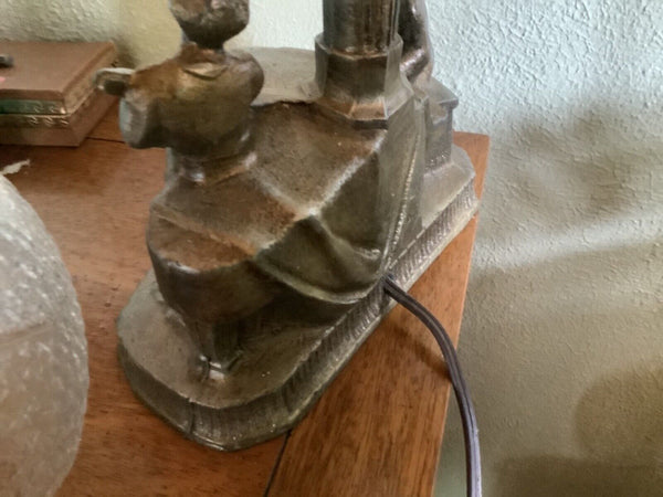 Art Deco cast metal Table Lamp Man Woman  Sculpture glass star globe Vtg antique