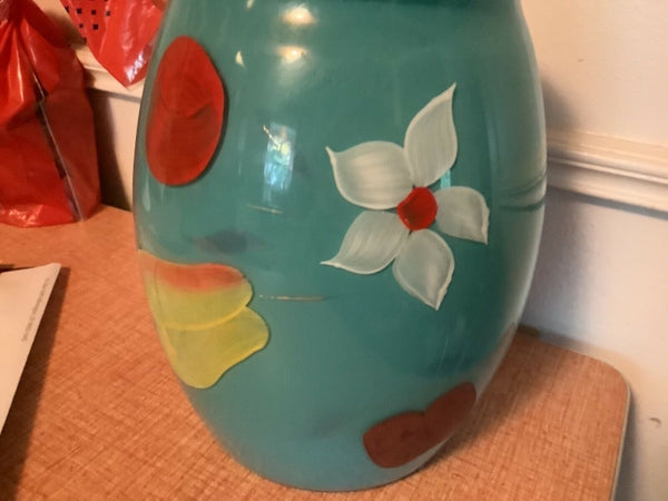 Vtg Bartlett Collins Gay Fad Turquoise blue Glass Cookie Jar Fruit Flowers