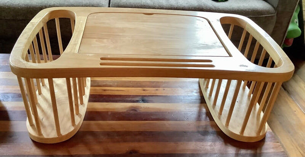 VTg wood BREAKFAST BED TRAY laptop TABLE  POCKETS Magazine rack serving spindle
