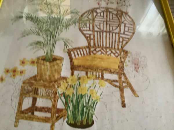 Gloria Erikson Vtg Frame Print Floral mid Century Modern Wicker boho chair