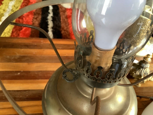 Vtg antique silver Hurricane Oil Electric Lamp milk Glass shade globe chimney