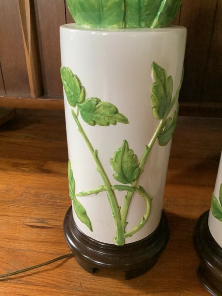 VTg  pair Asian Chinese POTTERY wood ceramic leaf leaves TABLE LAMP mid Century