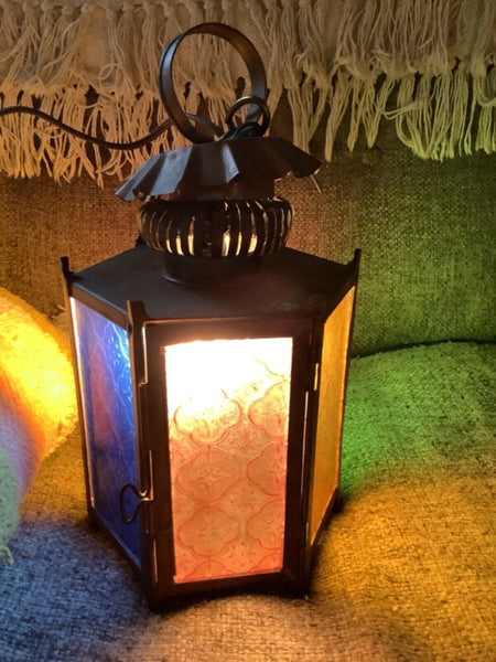 Vtg metal Brass Retro Light Fixture lamp swag stained glass lantern patio mcm 2