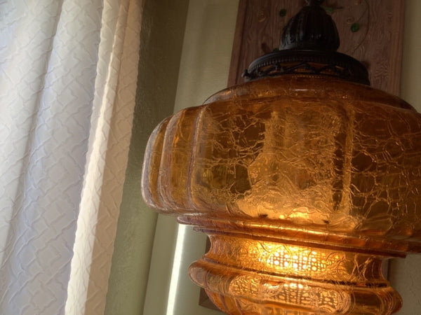 Vtg Mid Century modern Retro Hanging Swag Light Lamp Amber Glass globe mcm