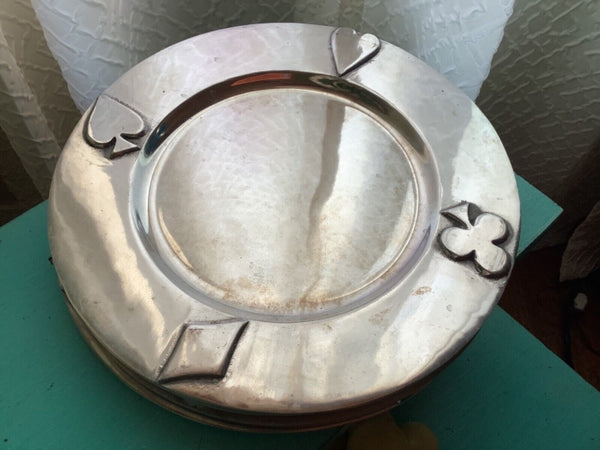 Vtg lot 4 set Chargers  Aluminum ? metal metallic Platter Plate playing cards