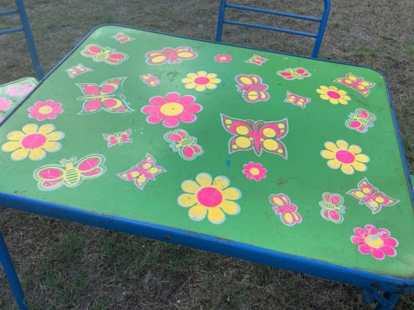 Vtg mid century Flower power mod play child children Folding Table chairs