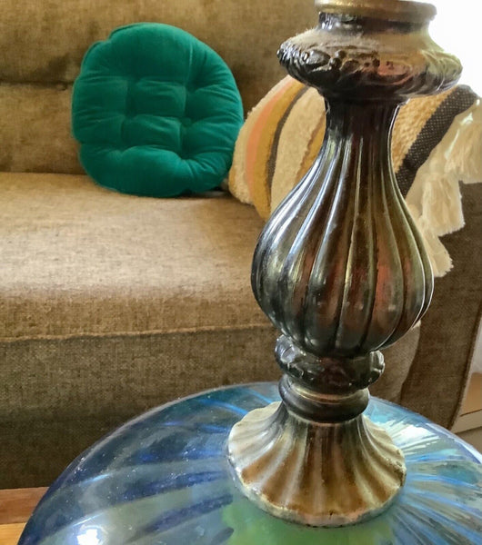 Vtg Pair 2 Mid Century Modern Blue Glass Table Lamp  Retro Hollywood Regency mcm