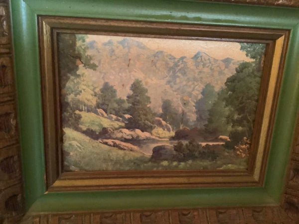 Pair Small Vintage carved frames Framed Art Print litho Scenic  mountains trees