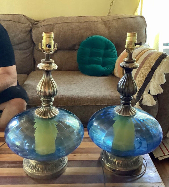Vtg Pair 2 Mid Century Modern Blue Glass Table Lamp  Retro Hollywood Regency mcm