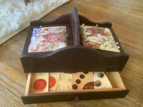 Vtg Wood Sewing Box chest Pin Cushion Fabric Top full  buttons drawer