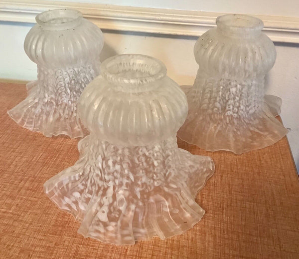 Vintage Light Lamp Shade globe mottled Speckled White And Clear Ruffled Rim