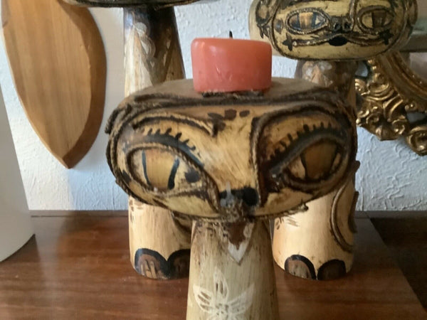 Vtg lot 3 mid century modern retro wood wooden Cat Candleholders candleabra