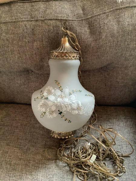 White Satin Glass Hand Painted Flowers Hanging Swag Lamp Light Vtg mid century