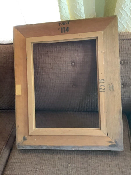 Vtg gold  Mexico mid century McM Wood wooden Picture Frame Linen holds 12 by 16
