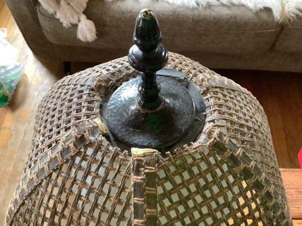 Vtg retro Table Lamp Wicker Shade Globe Light Metal  MCM Boho mid century