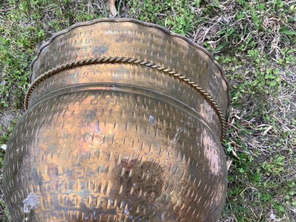 VTG  hammered Brass Planter Pot India ribbon