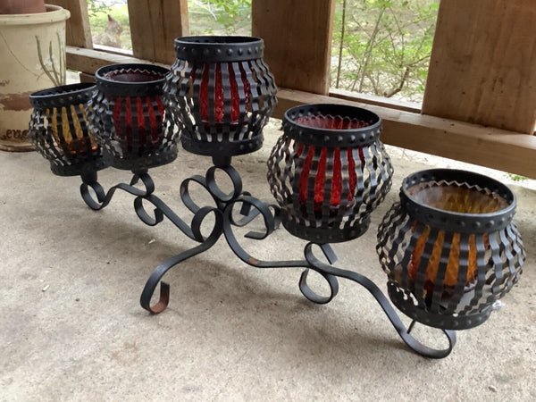 Vintage Wrought Iron and Glass votives Table Top Candelabra candle holder gothic