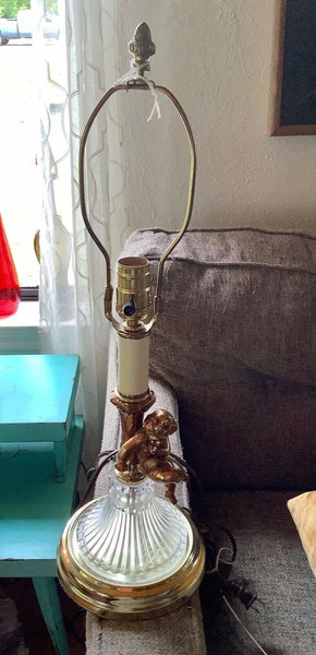 Vtg Hollywood Regency Metal brass gold & Glass Cherub Table Lamp