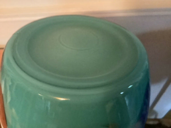 Vtg Bartlett Collins Gay Fad Turquoise blue Glass Cookie Jar Fruit Flowers