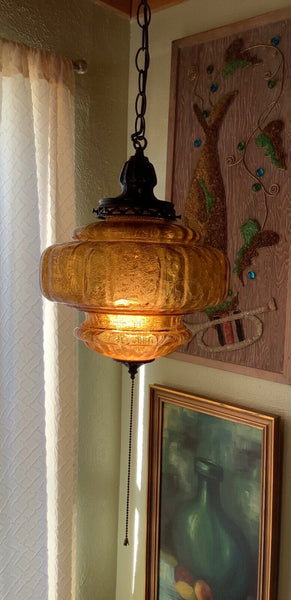 Vtg Mid Century modern Retro Hanging Swag Light Lamp Amber Glass globe mcm