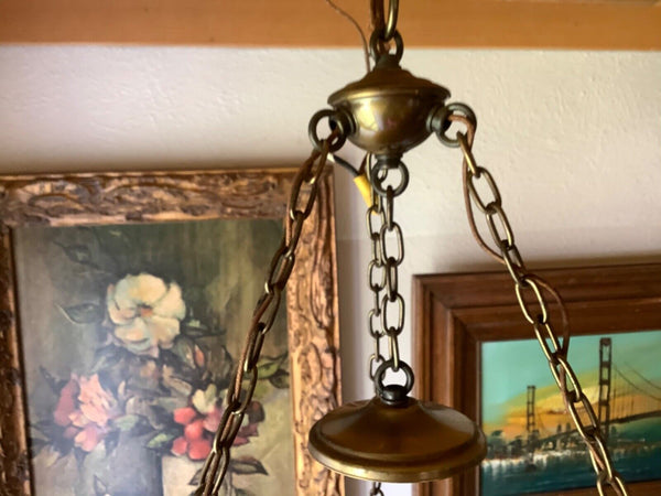 Vtg light fixture antique brass Amber grape glass shade GWTW hurricane Globe