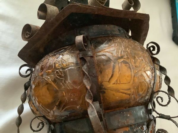 vtg amber glass light fixture globe fixture iron cage mcm bubble candle holder